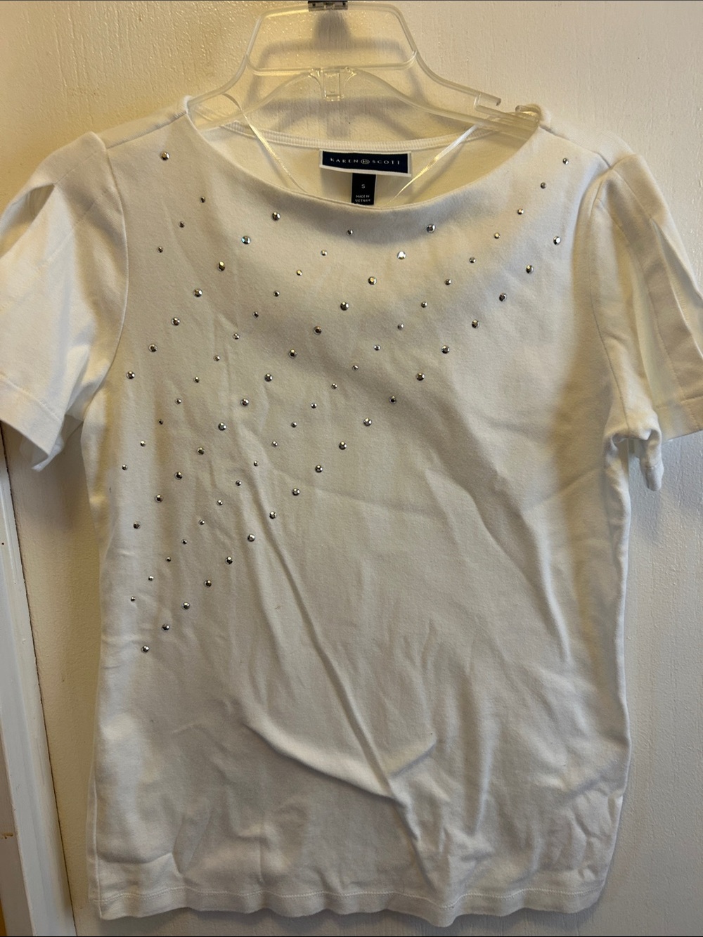 Karen Scott White Short Sleeve Tee with Silver Stud Accents